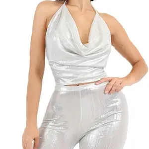 Metallic Halter Neck Top and Pants Set