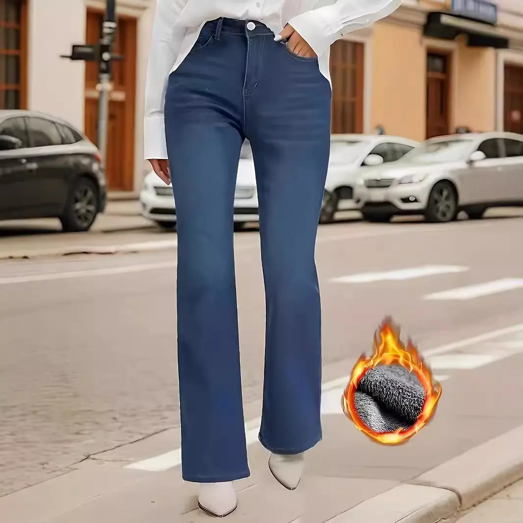 Women's High-Waist Flared Fleece-Lined Denim Trousers - Thick, Warm, Stretchy, Comfortable Streetwear Minimalist Winter Bottoms for Chic Everyday Wear