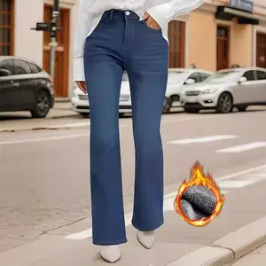 New Women's High-Waist Flared Jeans with Thick Fleece Lining Warm & Stretchy Winter Denim Pants for Cozy Comfort Womenswear Bottom Chic Everyday