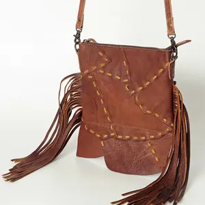 American Darling Cross body Bag Genuine Leather Western Purse with Fringes Buck Stitched Trim and YKK Zipper