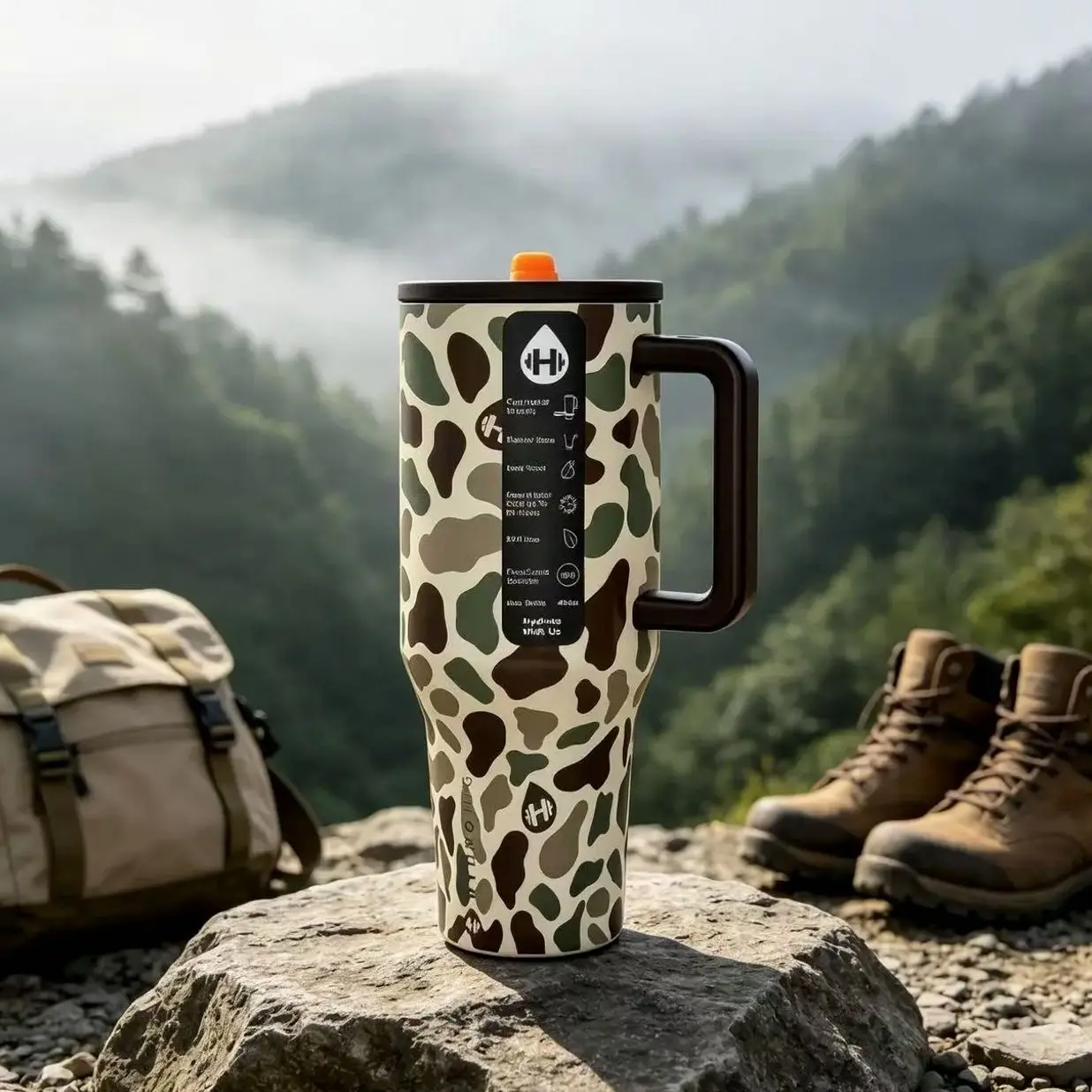 HydroJug 40oz Stainless Steel Tumbler - Camouflage Stylish Insulated, Leak-Proof Lid, Handle, Straw Included, 24-Hour Cold Retention, Portable Water Bottle for Hiking, Daily Use