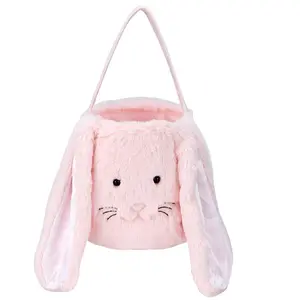 Plush Easter Bunny Basket for Kids Boys Girls Easter Buckets with Long Plush Ear Personalized Egg Hunting Easter Tote Bags for Easter Decorations Candy pink