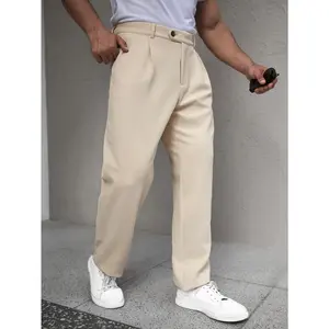 Men's Beige Casual Pants, Classic Fit Flat Front Chino Trousers with Belt Loops, Comfortable Stretch Fabric, Versatile Smart Casual Outfits for Work or Weekend, Summer Office Wear, Lightweight  Blend Material