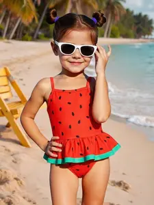 Girls' Watermelon Print One-Piece Swimsuit, Cute Ruffle Skirt Design, Summer Beach Pool Sun Protection Swimwear