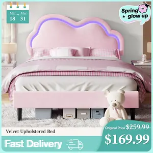 [Mattress NOT Included] VanAcc Bed Frame with Adjustable Cloud Headboard and Customizable LED Light, Velvet Upholstered Bed, Unique Bedroom Furniture, No Box Spring Needed, Twin/Full/Queen