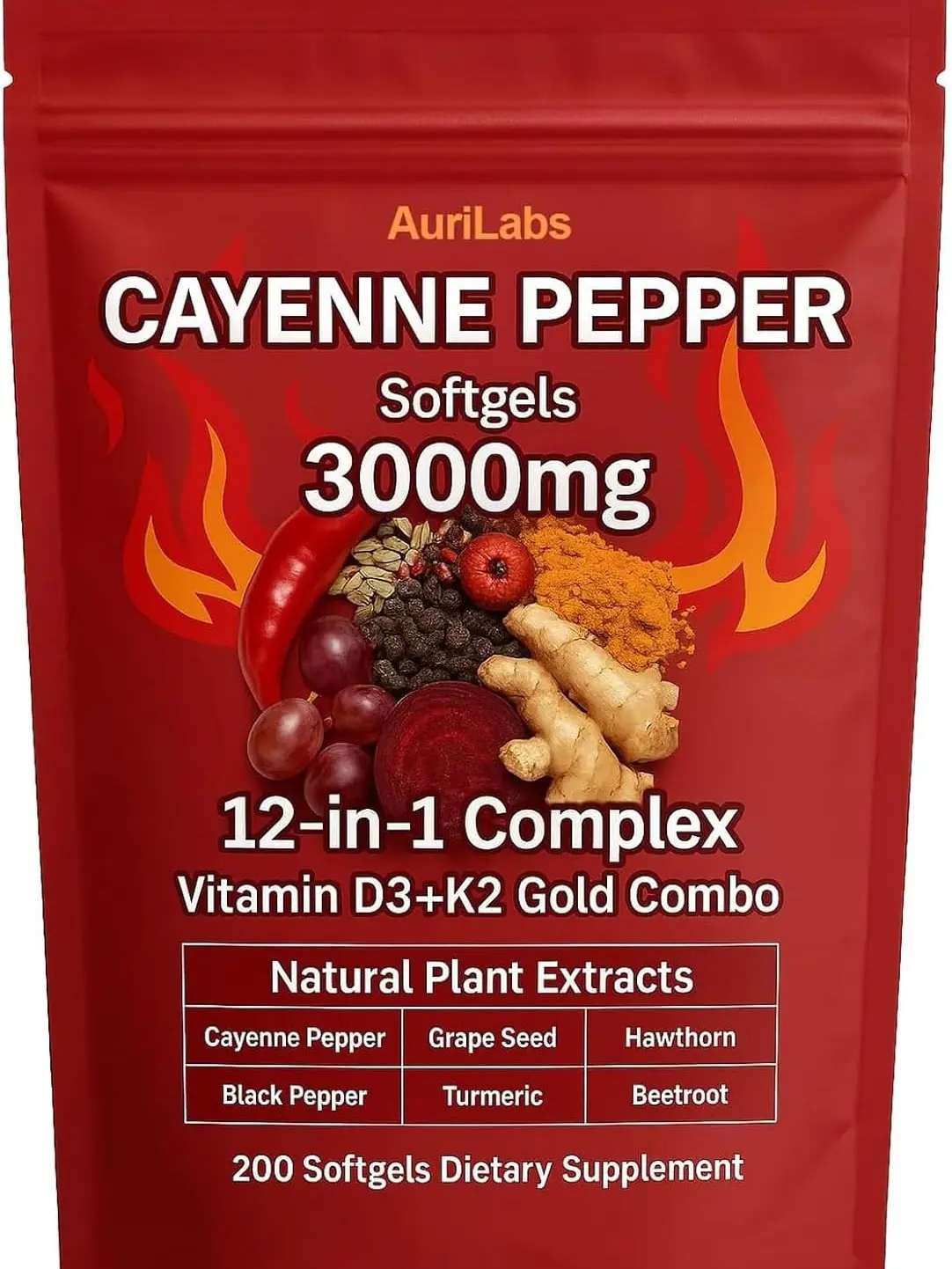 Aurivita Cayenne Pepper Softgels Supplement | Vitamin D3+K2, Beetroot, Grape Seed Extract, Hawthorn