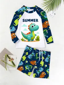Boys Summer Dinosaur Band Swimwear Set, Cartoon Dinosaur Print Two-Piece, Beach Swimming, Summer Vacation Pool Party, Swimsuit Set