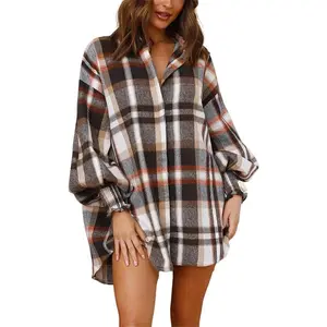 Plaid Flannel Shirts for Women - Oversized Long Sleeve Button Down Shirt Dresses Shacket Blouse Tops