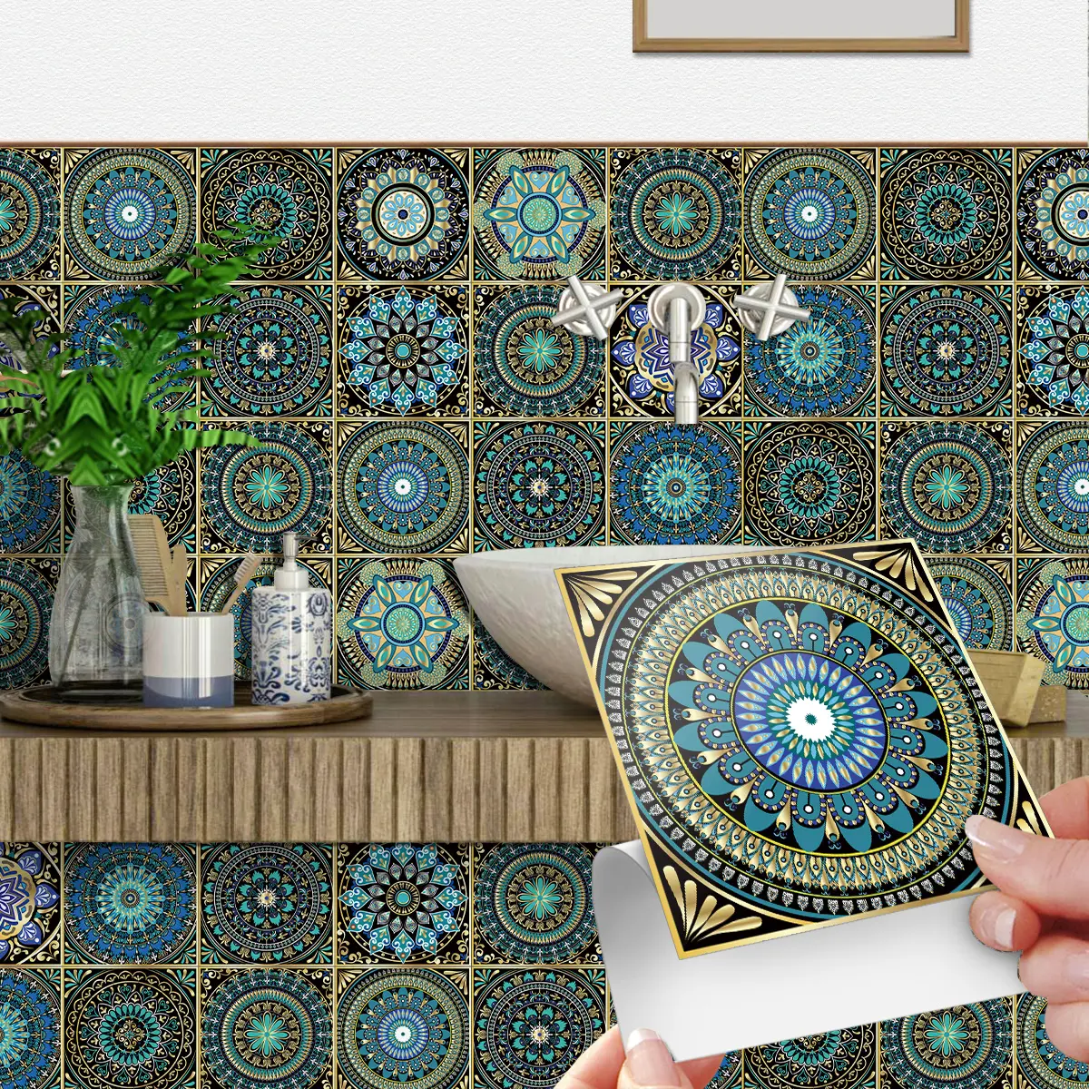 24PCS Blue & Gold Mandala Decorative Peel-and-Stick Tile Stickers, 15cm/20cm Waterproof Removable Vinyl Backsplash, Self-Adhesive Moroccan Decals for Kitchen, Renters-Friendly Boho Home Improvement Supplies, Tiles Sticker