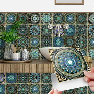 24PCS Blue & Gold Mandala Peel and Stick Tile Stickers, 15cm/20cm Waterproof Removable Vinyl Backsplash, Self-Adhesive Moroccan Tile Decals for Kitchen Bathroom, Renters Friendly Boho Home Decor kitchen