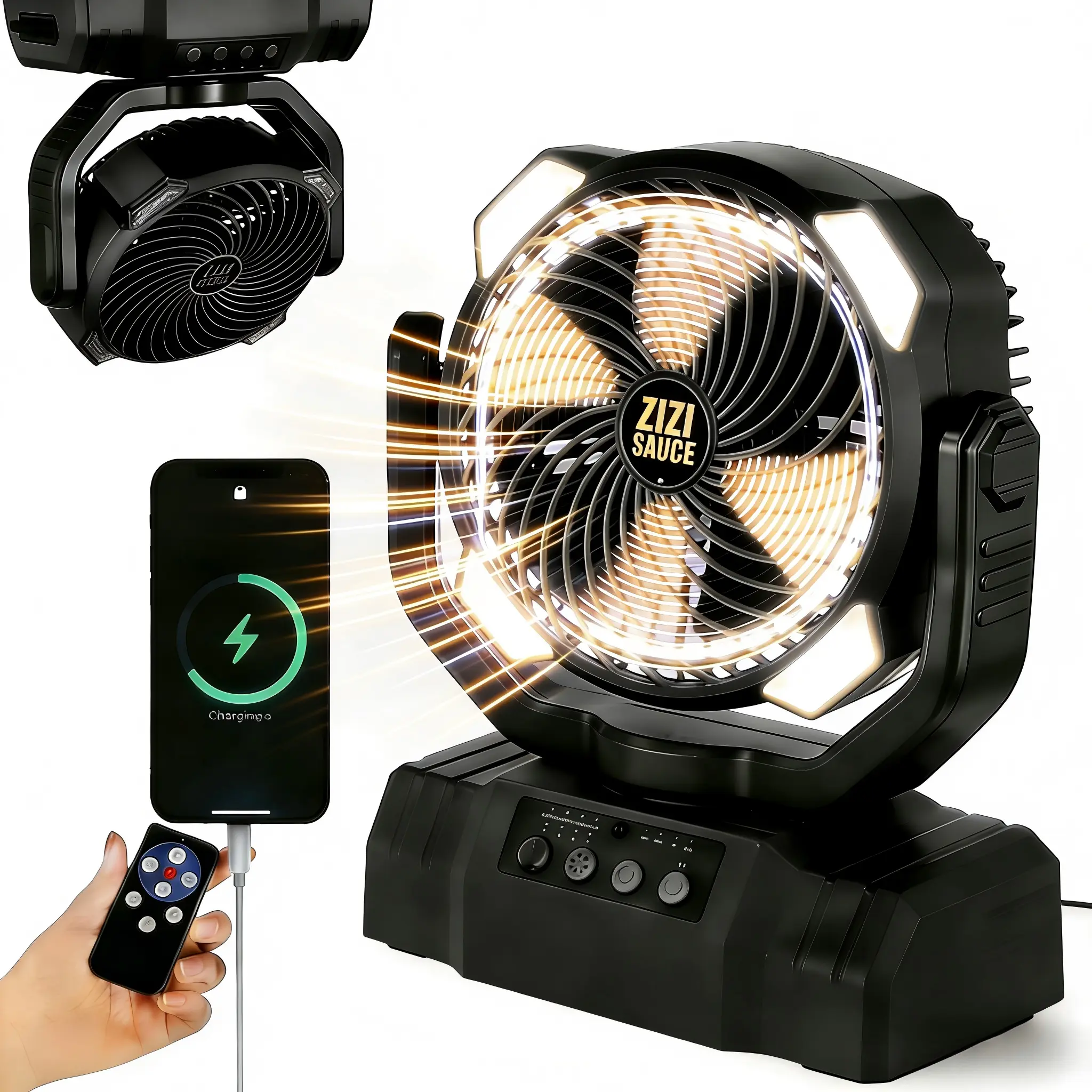 ZIZI SAUCE Portable Folding Rechargeable Rotating Lithium Battery Fan - 10000mAh, USB-C Cordless Handheld Quiet Camping Fan with LED Lantern, Home Office Essential, Portable Folding Fan