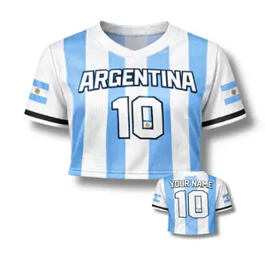 WC 2026 Argentina Soccer Crop Top Jersey, Custom Name Number Women Mesh Football Fan Shirt