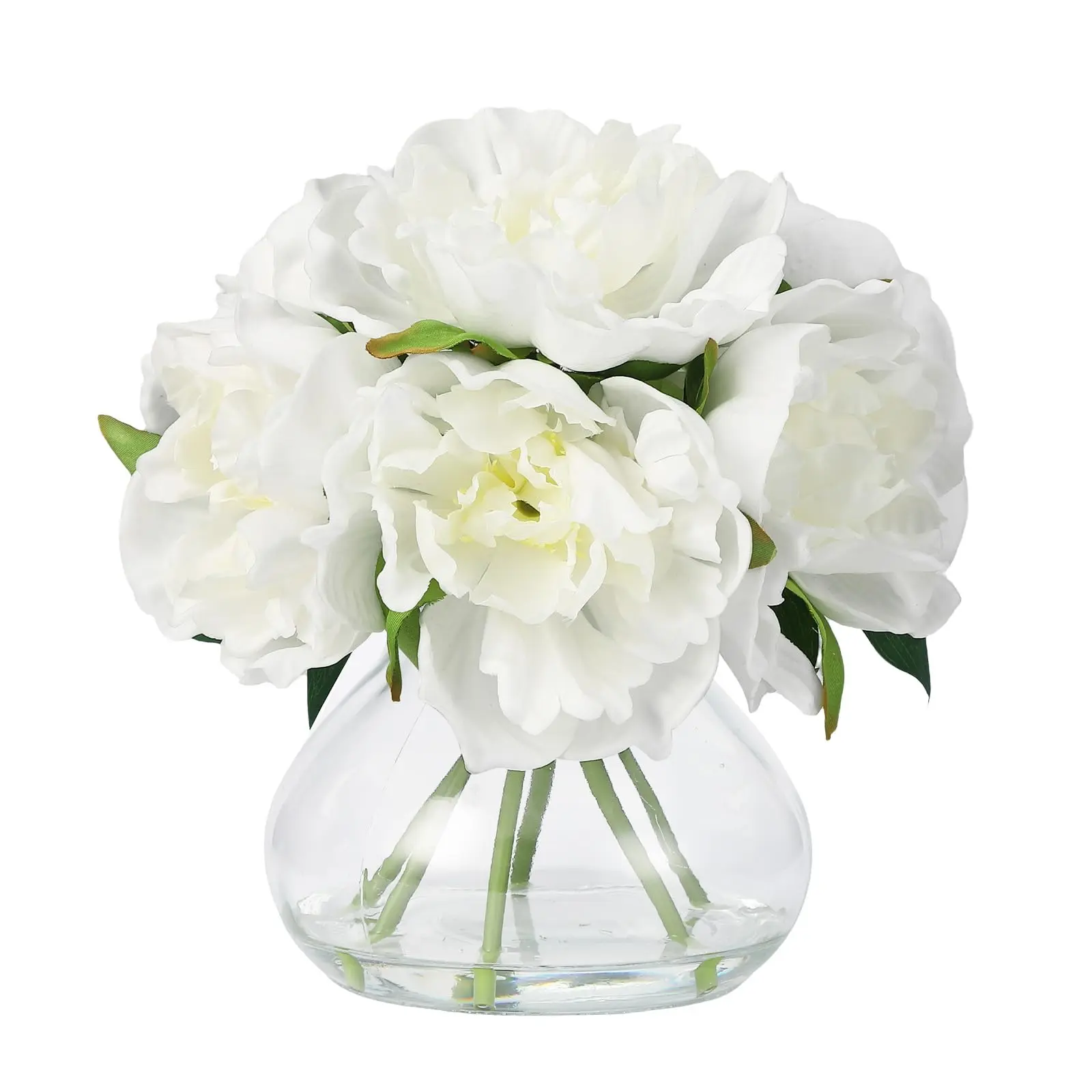 Garvee Peonies Artificial Flowers with Glass Vase Featuring Faux Water and Decorative Stones - Realistic Floral Arrangement Ideal for Wedding Centerpieces, Home Table Decor, and Bathroom Accents