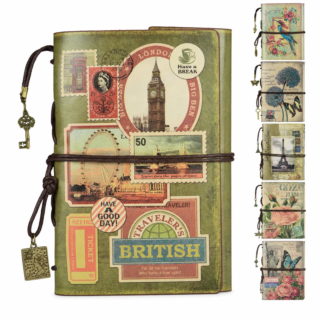OMEYA Vintage A6 Leather Journal, Refillable 6 Ring Binder Notebook with 180 Blank Kraft Pages, Zipper Pocket & Card Slots, Retro Travel Diary Scrapbook Sketchbook for Journaling & Planning