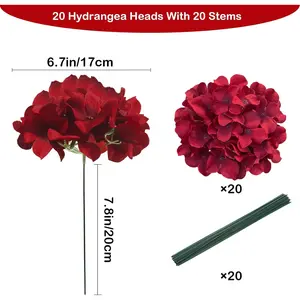 20 Pcs Dark Red Hydrangea Artificial Flowers Bulk, Faux Hydrangea Flowers Heads, Artificial Fake Silk Hydrangea Flowers with Stems, Red Flowers Artificial for Decoration Wedding Décor Decorative Fruit Plants Ornaments