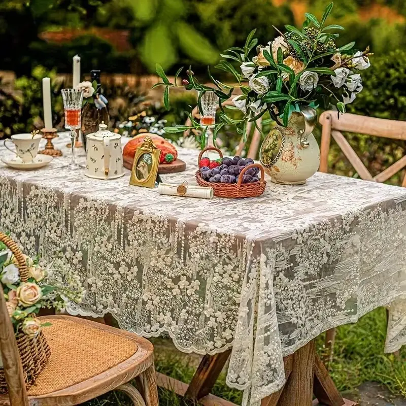 Elegant Lace Embroidered Tablecloth, Vintage Floral Design, Country Farmhouse Cottage Style, Ambiance, Perfect for Outdoor Dining Room Decor, Wedding