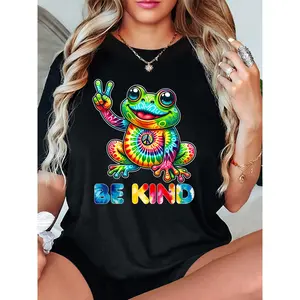 Men'S Vibrant Frog Graphic T-Shirt - "Be Kind" Design, Colorful Swirl Pattern, Casual Black Cotton Tee with Peace Sign, Perfect for Casual Attire, Everyday Tshirt | Playful Graphic Tee | Pure Cotton