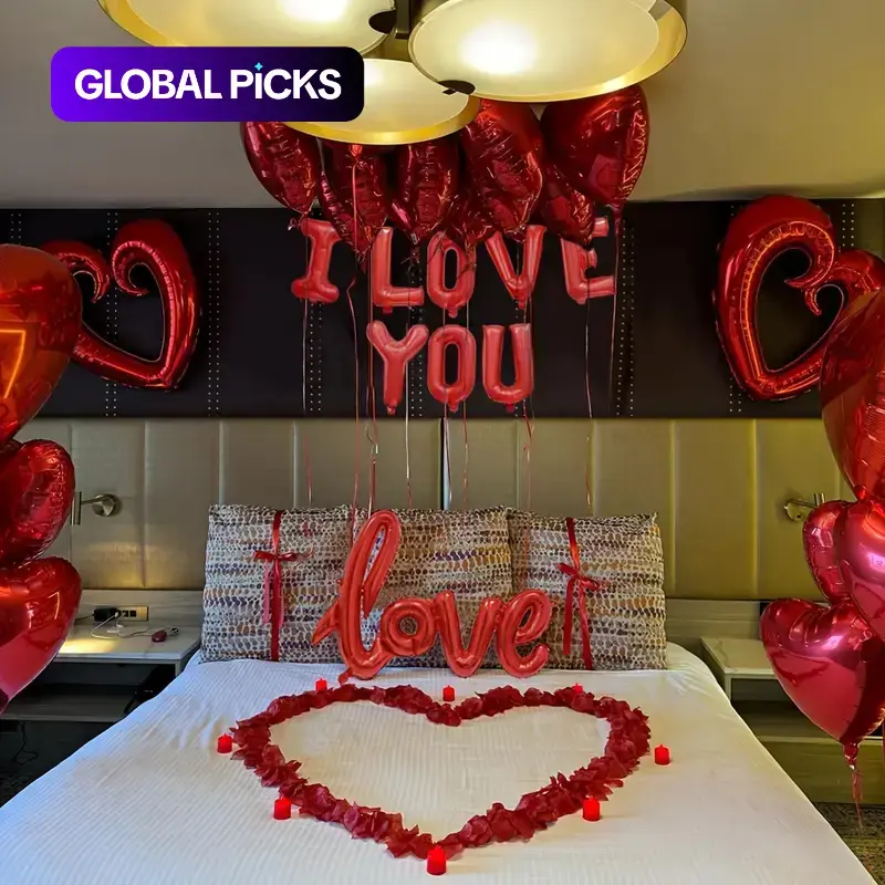 Valentine's Day Balloon Decoration Set, I Love You Banner, Red Heart Foil Balloons & Faux Rose Petals, Romantic Room Decor for Proposal, Anniversary, Wedding, Date Night Surprise