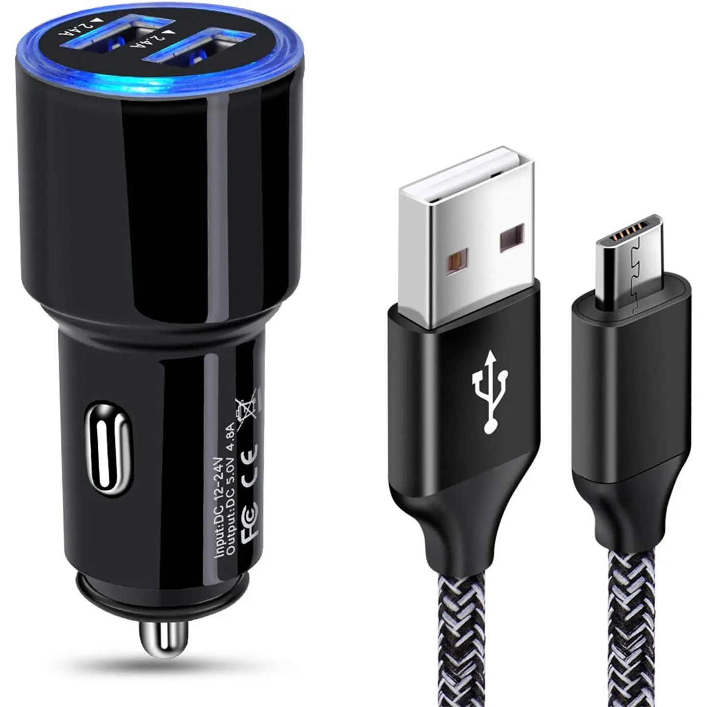 Fast Car Charger Adapter Set with High-Speed USB & Micro USB Cable - Phone Charger for Samsung Galaxy S7 Edge Android Devices, Compatible with PS4 Controllers