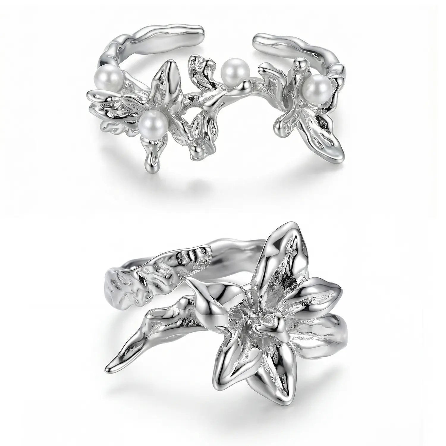 Adjustable Open Ring for Women, Elegant Fairycore Butterfly & Flower with Glossy White Orbs, Everyday Costume Jewelry, Gift for Best Friend, Flowers, Birthday, Anniversary, Casual, Open Band, Mirror-Like Shine, Butterfly&Flowers, Floral, Sculptural Bloom