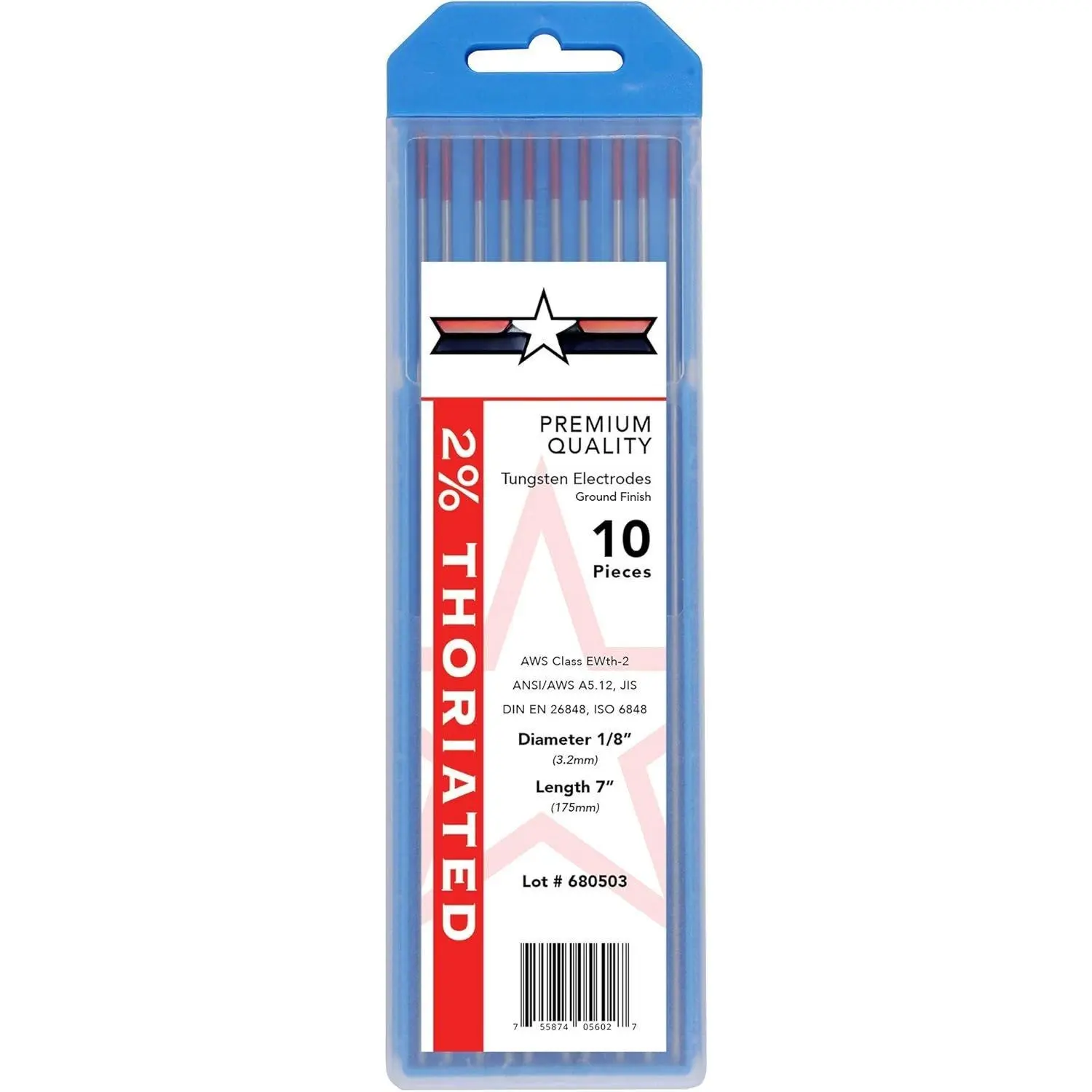 2% Thoriated TIG Welding Electrodes, 1/8in x 7in, 10-Pack Accessory for Soldering & Hardware Tools