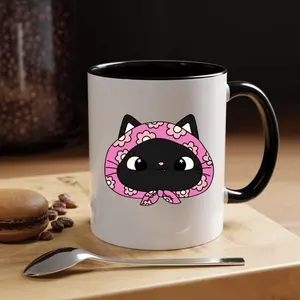 Cute Black Cat Pink Floral Hood Mug, Kawaii Cat Lover Coffee Mug, Funny Aesthetic Animal Ceramic Cup, Gift Idea Cozy Style Mug
