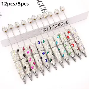 12pcs/5pcs DIY Cute Star Moon Bead Pens, Colorful Full Drill Mocha Drilled Hole Beads Pen, Trendy Small Granule Pen, Beadable Pen, Beaded Pens