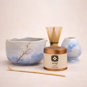 Handmade Blossom Blue Crystalline Ceramic Bloom Matcha Ritual Set
