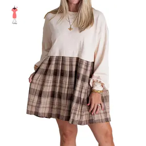 Women Autumn Short T-shirt Dress Long Sleeve Round Neck Plaid Print Patchwork Dress