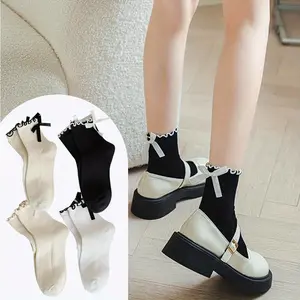 4Pairs Women’s Cute Ruffle Bow Ankle Socks - Comfortable Crew Socks for All Seasons,Black White with Lace Trim,Perfect for Casual Outfits