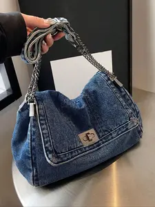 A niche design with a casual and minimalist style flip tote bag, featuring a chain shoulder strap design and a large capacity, lazy and fashionable retro personalized shoulder bag, suitable for commuting, shopping, and gatherings