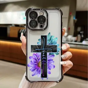 Jesus Cross Floral Pattern Phone Case with Four-Corner Shock Protection Phone Case For iPhone 17 16 15 14 13 12 11 PRO PLUS MAX AIR & Samsung Galaxy S26 S25 S24 S23 S22 S21 Ultra Plus | Phone Case #IPSZJ4