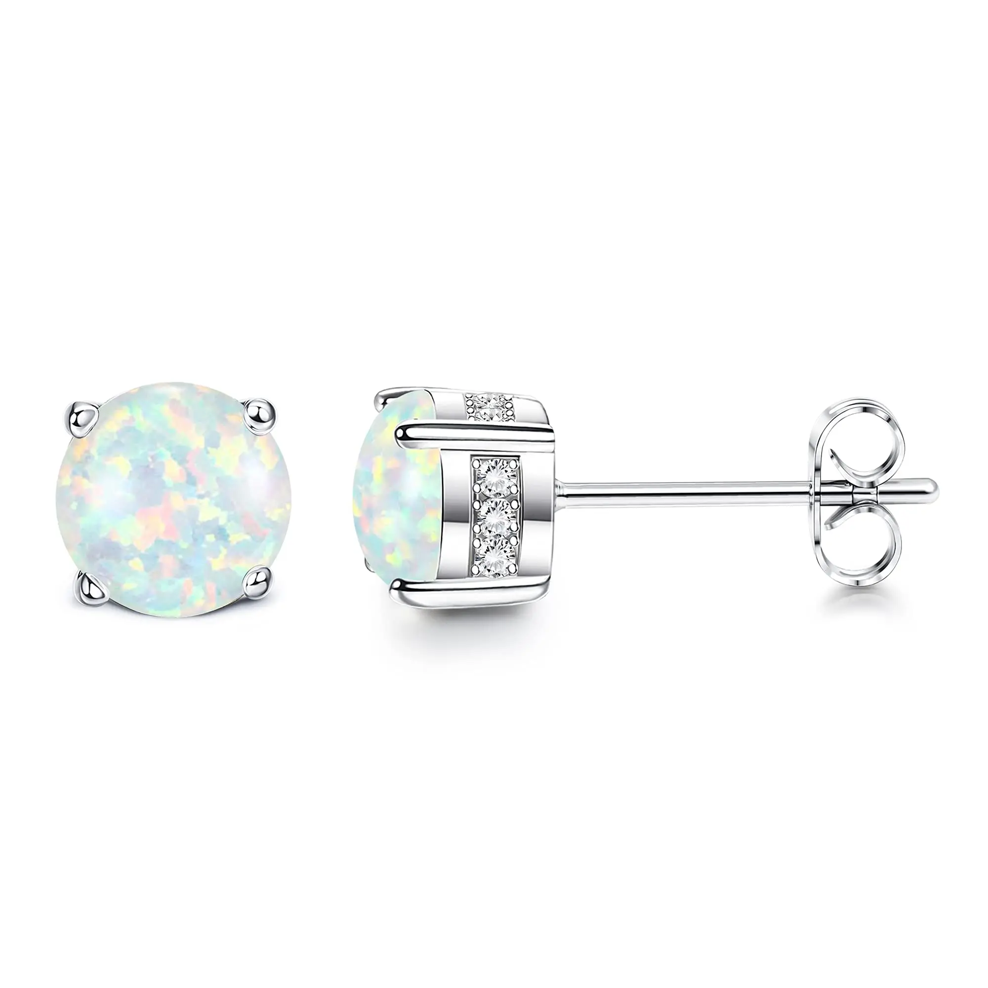 Women's Milacolato 6x6mm Round Cut Created White/Blue/Pink Opal Stud Earrings, 18 Karat Gold-Plated Hypoallergenic Stainless Steel Post, Iridescent Hue Dainty Gold Costume Jewelry