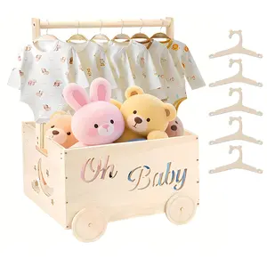 Wooden Baby Shower Crate Closet with 5 Hangers, Baby Shower Gifts Basket for Newborns, Cradle Box with Handles & Wheels, Ideal Gift for Moms