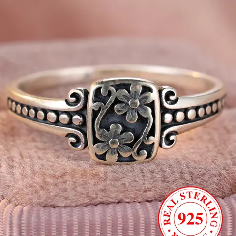 S925 Sterling Silver Vintage Flower Design Ring, Floral Design Ring, Elegant Everyday Ring, Elegant Casual Ring, Fashion Accessories for Both Men & Women, Trendy All-match & Exquisite Jewelry for Birthday Gift, Real Rings