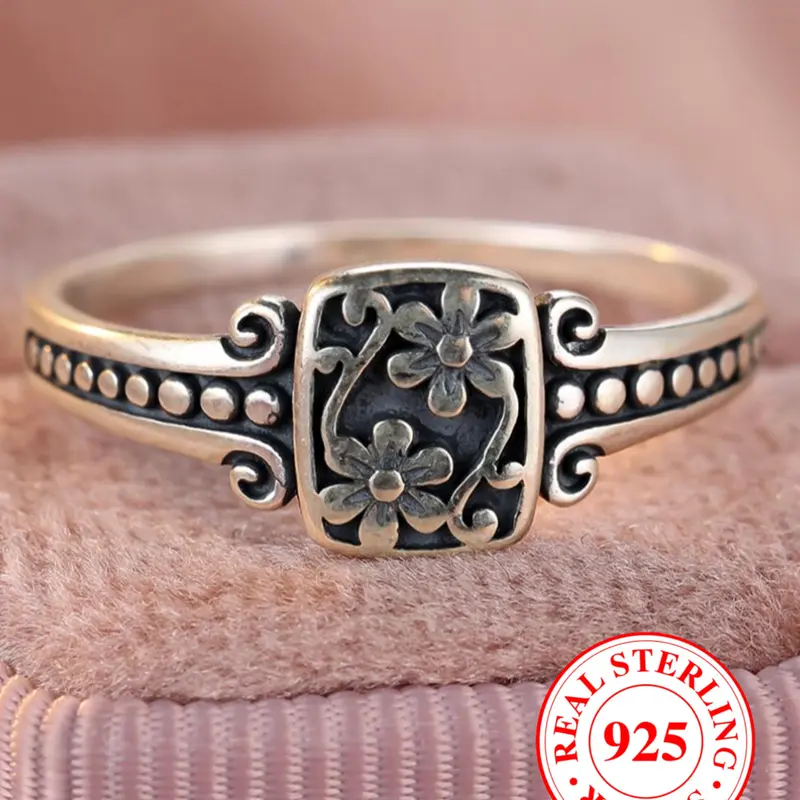 S925 Sterling Silver Vintage Flower Design Ring, Floral Design Ring, Elegant Everyday Ring, Elegant Casual Ring, Fashion Accessories for Both Men & Women, Trendy All-match & Exquisite Jewelry for Birthday Gift, Real Rings
