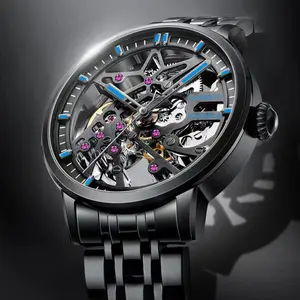 New Fashion Men's Black Skeleton Fully Automatic Mechanical Watch Modern Fathersdaygift