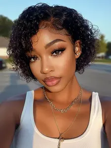 Pixie Cut Wig Human Hair Curly Short Pixie Wigs for Black Women Glueless Human Hair Wig with Bangs for Daily Use Natural Short Bob Layered Wavy Human Hair Wigs for Black Women