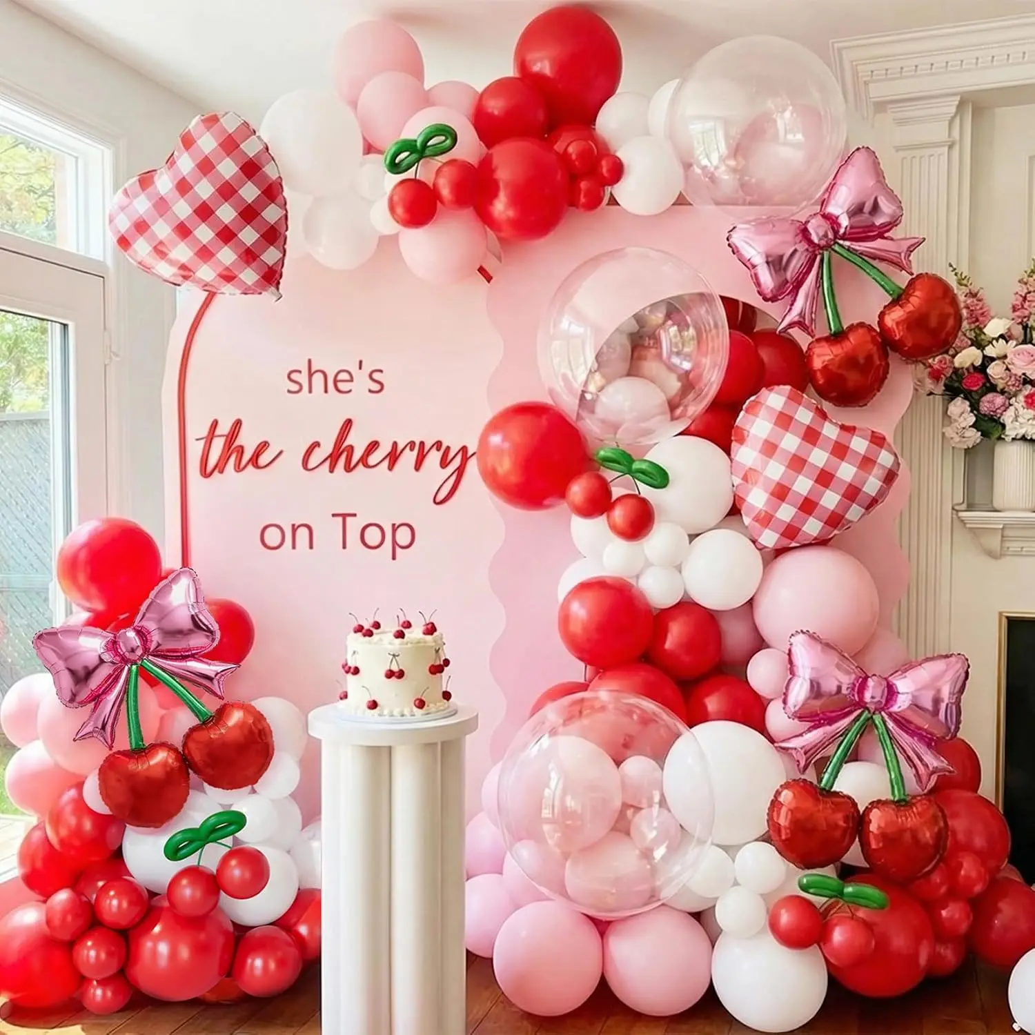 Cherry on Top Balloon Arch Decor with Red and Pink Balloons and Bowls for Party Decorations