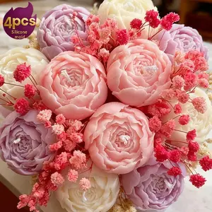 4-pack 3D Rosebud Mold - Layered petal and stem design, non stick silicone material suitable for candles/resin/gypsum/epoxy resin wax molds - Reusable multi petal flower molds, preferred for DIY handicrafts, elegant flower gifts, irregular shapes