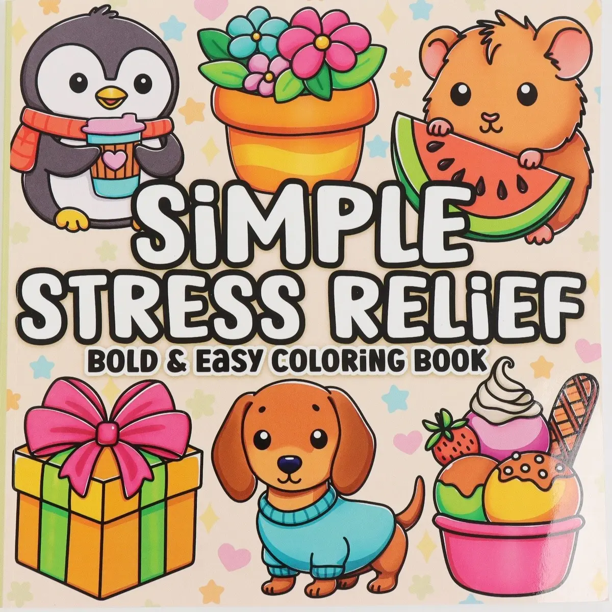 Stress Relief, Illustrated Coloring Book, Cute Animals & Sweet Treats with Bold Illustrations for Instant Calm, Calming Experience, Easy & Fun for Adults, Compact Therapeutic Activity #ColoringForAdults #StressRelief #CuteArt #MoodBooster