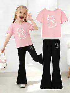 Girls' Colorful Cat Print Short Sleeve T-Shirt Bell Bottom Pants Set, Cute Christmas Style Two-Piece, Soft Breathable Kids Clothing