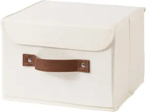 Collapsible Storage Boxes Baskets with Lid Cotton Linen Fabric Storage Bins with Faux Leather Handles Decorative Washable Cube Organizer Container for Home Closet Bedroom (Beige, Small Size)