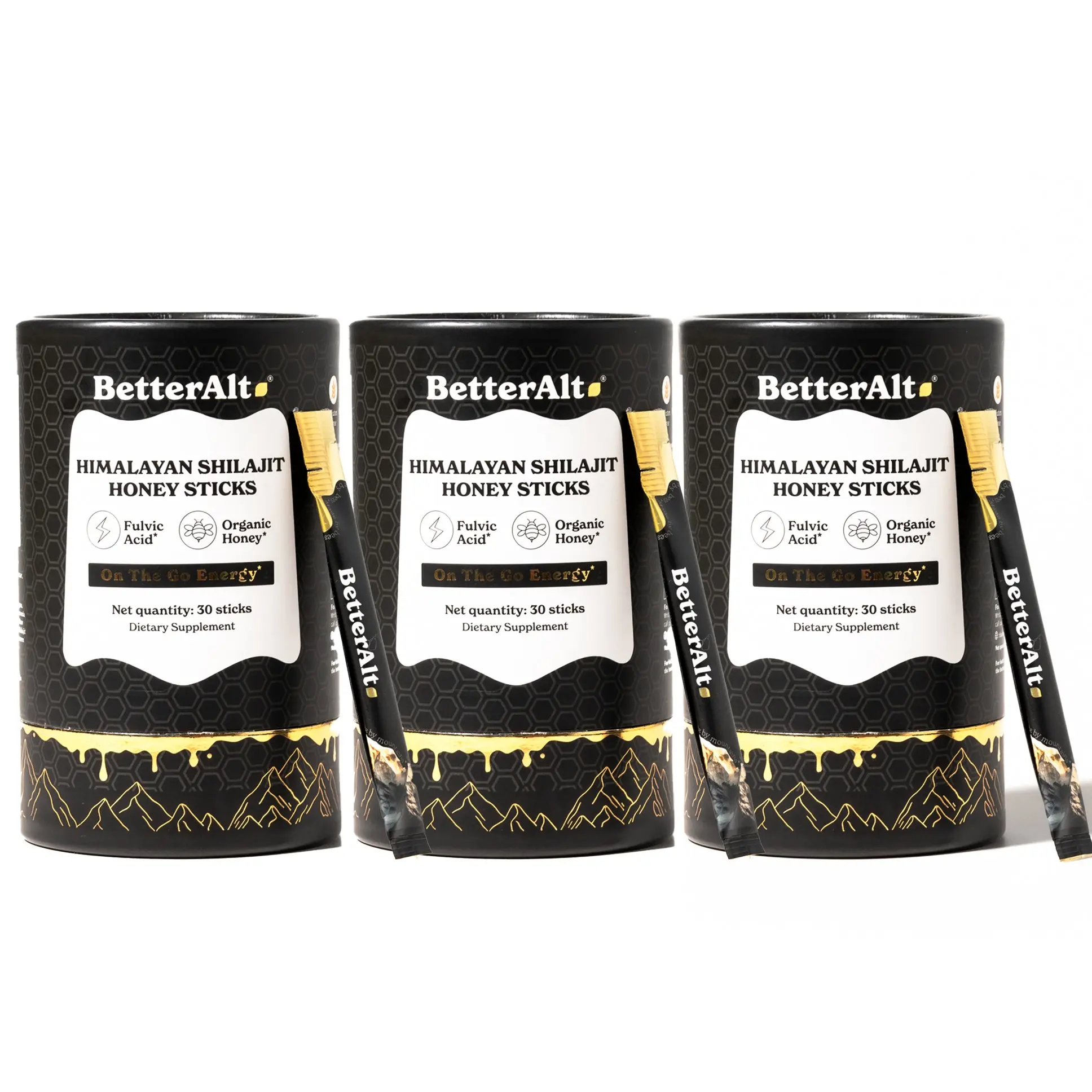B2G1 of BetterAlt GOLD+ Shilajit Honey Sticks | Caramel, Cinnamon and Classic Flavors | Helps Boost Energy | Lab-Tested for Purity B2G1 of BetterAlt GOLD+ Shilajit Honey Sticks | Caramel, Cinnamon and Classic Flavors | Helps Boost Energy | Lab-Tested for Purity