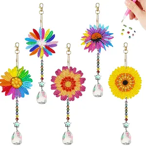 5Pcs Acrylic Double Sided Sunflower Full Drill Keyring Diamond Painting Keychain