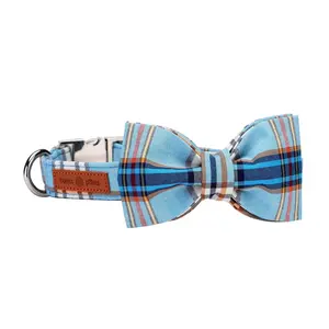 Lionet Paws Plaid Dog Collar with Bow Tie, Adjustable & Comfortable Cotton Cute Blue Puppy Accessory for Male Female Dogs