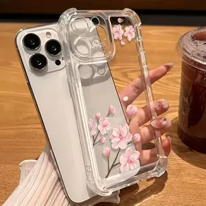 Soft Transparent Four-Corner Shockproof Cherry Blossom Print Phone Case / for iPhone 17 Air / 16 Plus / 15 Pro Max / 14 Pro / 13 / 12 / 11 / Full Protection Shockproof / SJTK22