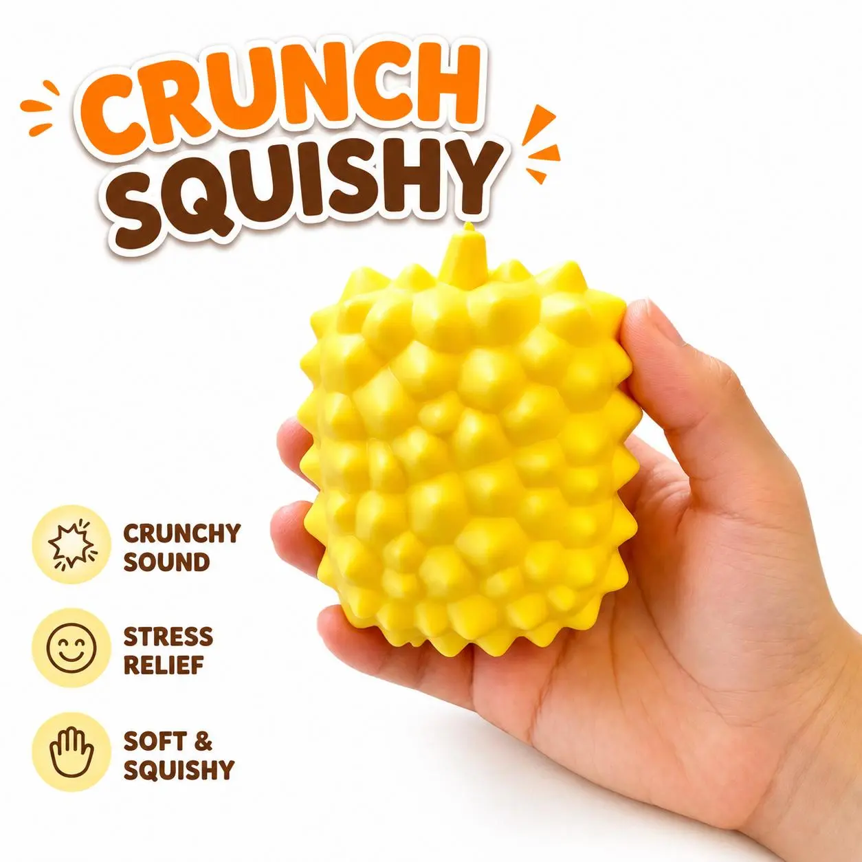 Crunch Durian Squishy Stress Ball, TPR Slow Rising Squeeze Toy, Bumpy Texture Fidget Toy, Yellow Fruit Desk Fidget