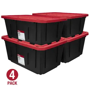 Set of 4 - 27 Gallon Large Storage Bin with Snap Lid, Black and Red, Heavy Duty Plastic Storage Container