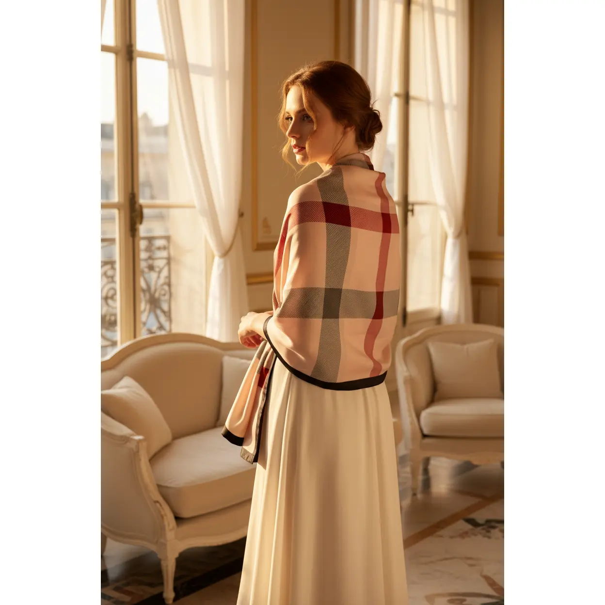 Windsor Checkered Rectangular Scarf - Heritage Design, Soft Texture, Silky Satin Wrap Shawl